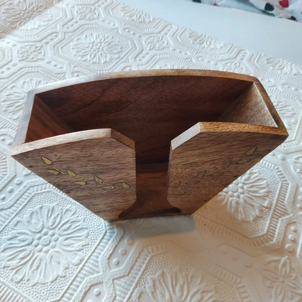 Handcrafted Wood Coffee Filter Holder Brass Leaf Inlay Rustic Kitchen Organizer